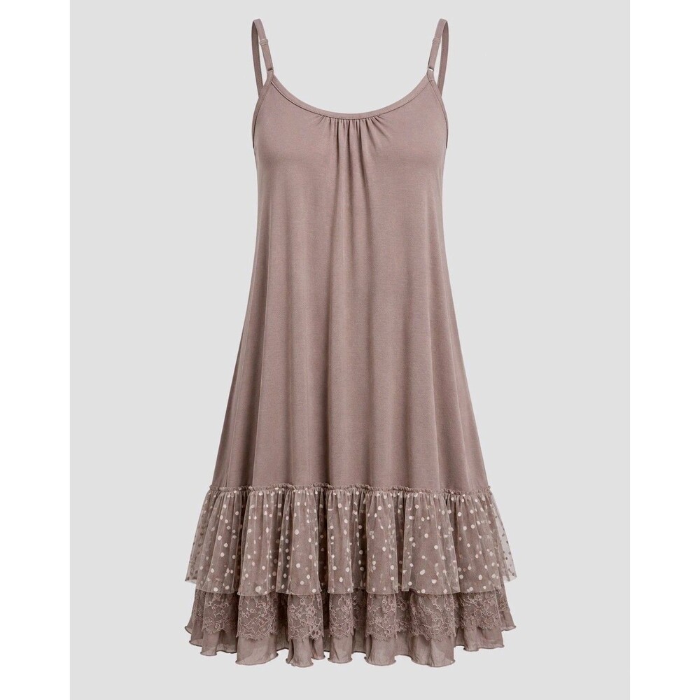 A'reve Sleeveless Dress Extender Size M Taupe Polka Dot Chiffon Ruffle Hem Layer